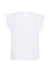 Chemisier blanc à manches courtes froncées, avec un détail en eyelet le long des bords des manches et une fente en forme de clé à l'arrière avec un bouton de fermeture.