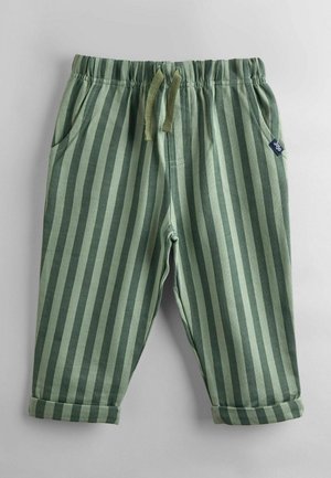 Grüne gestreifte Hose aus weichem Material mit elastischem Bund, Kordelzug-Detail und aufgerollten Bündchen. Verfügt über Seitentaschen und ein kleines Etikett.