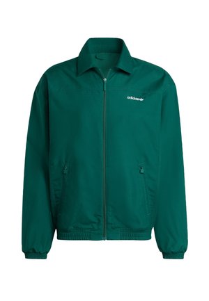 Green lightweight zip-up jacket made of synthetic material. Features a collared neck, elastic cuffs, and two side pockets. Adidas logo present.