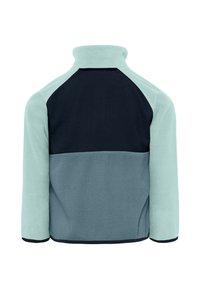 Lichtblauwe en donkerblauwe fleece jas met hoge kraag, lange mouwen en kleurvlakkenontwerp, gezien van achteren.