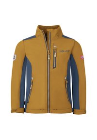 Veste jaune et bleue avec un col montant, fermeture éclair à l'avant et plusieurs poches. Présente un logo et un petit accent de drapeau sur la manche.