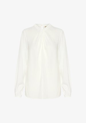 Bílá blůza s dlouhým rukávem a mandarínským límcem, s skládáním v přední části a neviditelným zipem na zádech. Měkká, hladká tkanina.