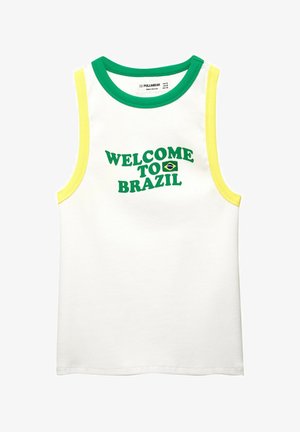 Biely tielko s zeleno-žltými rebrovanými detailmi. Obsahuje nápis "VITAJTE V BRAZÍLII" v zelenej farbe a malú grafiku brazílskej vlajky.