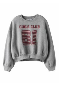 Szara krótka bluza z długimi rękawami. Na przodzie nadrukowane napisy "GIRLS CLUB" i "81" w bordowym kolorze. Wykonana z miękkiego materiału, z prążkowanym kołnierzem i mankietami.