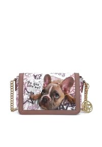 Borsa a tracolla con un bulldog francese stampato, dettagli in lavanda e rosa, tracolla in catena dorata e la scritta "Mi ami?" sulla superficie.