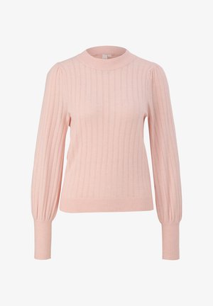 Hellrosa gerippter Pullover mit hohem Halsausschnitt, langen puffartigen Ärmeln und strukturiertem Strickmuster. Verfügbar mit enganliegenden Bündchen und Saum.