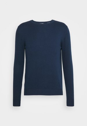Marineblaues Langarmshirt aus weichem Stoff. Rundhalsausschnitt mit gerippten Bündchen und Saum. Einfaches Design, keine sichtbaren Muster oder Akzente.