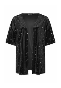 Mustaa samettista kimonoa, jossa on leveä istuvuus, ja jonka pinnalla on hopeisia tähtikoristeita hajallaan sekä avoin etuosa.