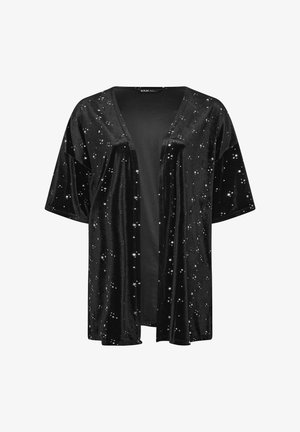 Schwarzer Samt-Kimono mit lockerer Passform, der mit silbernen Sternelementen geschmückt ist, die über den Stoff verstreut sind, und einem offenen Frontdesign.