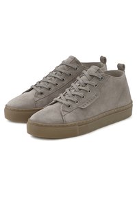 Gray suede high-top sneakers with round toe, laces, and a rubber sole. Features a stitched seam and a pull tab at the back.