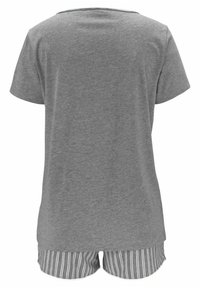 Grey cotton T-shirt with short sleeves, paired with grey and white striped shorts. Simple, casual design with a round neckline.
