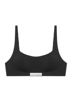 Zwarte draadloze bh met dikke bandjes, een gladde textuur en een subtiel logo-label in het midden. Beschikt over een minimalistisch ontwerp.