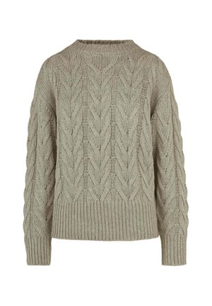 Beige grofgebreide trui met kabelpatronen aan de voorkant en op de mouwen, geribde boorden en zoom, en een ronde hals.