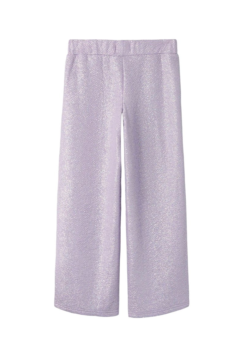 Pantalons larges violets clairs en tissu texturé et scintillant, avec une taille élastique, présentés sur un fond blanc.