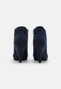 Stivaletti in suede blu navy con tacco alto e chiusura con zip sul retro, caratterizzati da una texture liscia e un design slanciato.