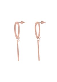 Orecchini a goccia in oro rosa caratterizzati da una forma ovale allungata con una finitura liscia e una sottile asta pendente che si estende da ciascuno.