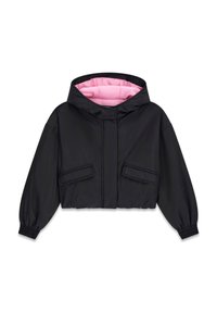 Schwarze kurze Jacke mit rosa gesteppter Innenausstattung, ausgestattet mit Kapuze, Vorderreißverschluss und zwei Seitentaschen. Elastische Bündchen und Saum.