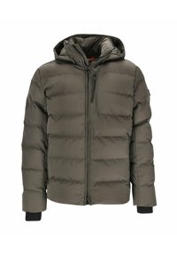 Olivenfarbene Pufferjacke mit einem Frontreißverschluss, abnehmbarem Kapuze und elastischen Bündchen. Hergestellt aus einem glatten, gesteppten Stoff.