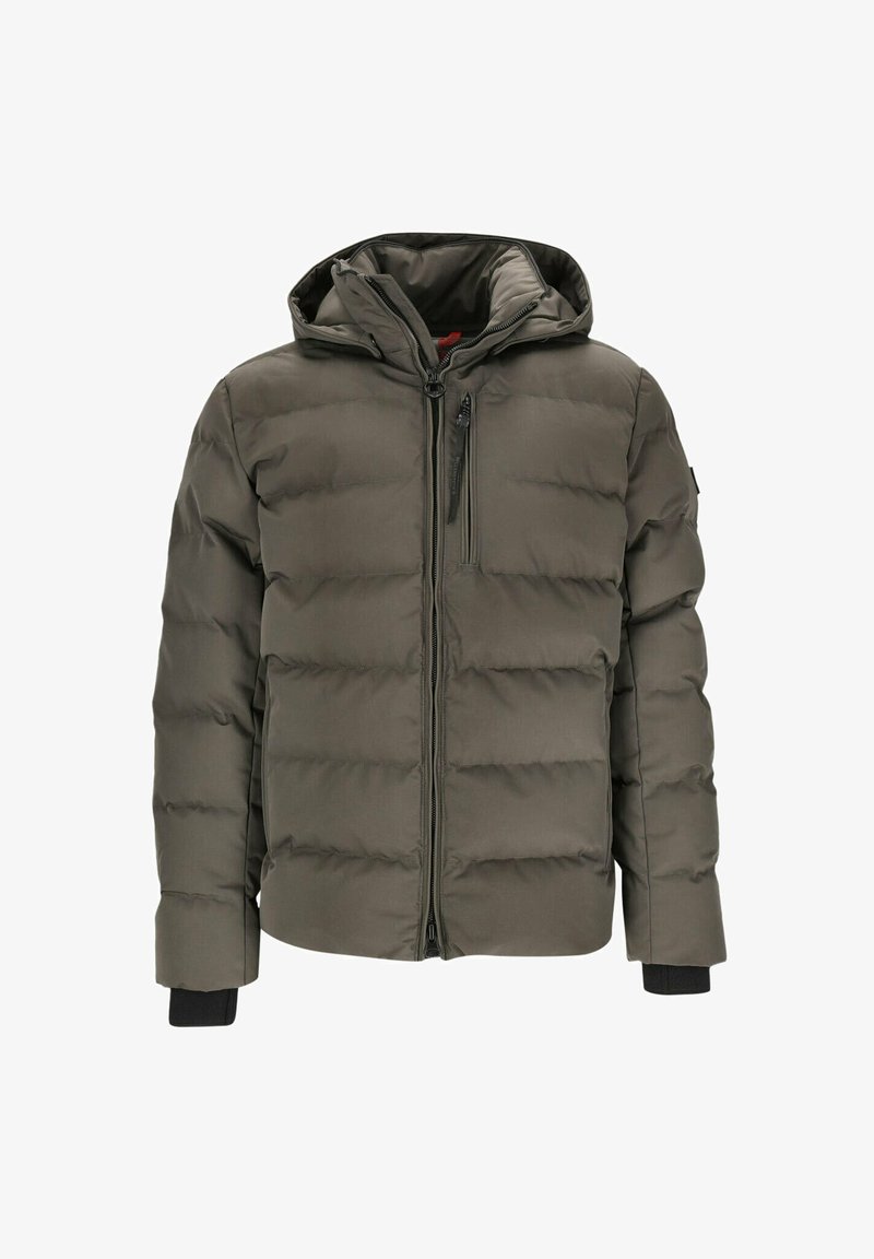 Puffer jacket in olive green, featuring a front zipper, detachable hood, and elastic cuffs. Constructed from a smooth, quilted fabric.