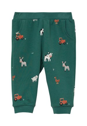 Groene katoenen sweatpants met een verscheidenheid aan afdrukken van boerderij dieren en illustraties van een oranje tractor, met zijzakken en geribbelde boorden.