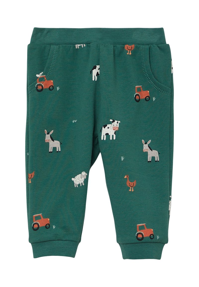 Groene katoenen sweatpants met een verscheidenheid aan afdrukken van boerderij dieren en illustraties van een oranje tractor, met zijzakken en geribbelde boorden.