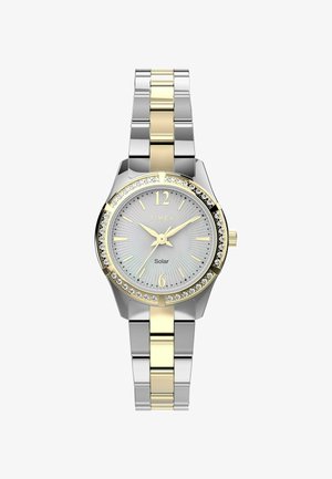 Srebrni i zlatni inox solarni sat s bisernim okvirom, srebrnim brojčanikom i dizajnom povezanog remena.