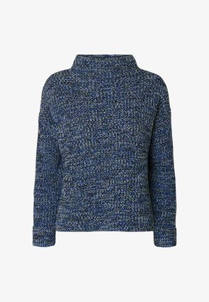 Blue and black knitted sweater with a high neck, loose fit, and textured pattern; long sleeves, accentuated cuffs.