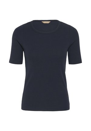 Tmavomodré krátke tričko s krátkym rukávom, rebrovaným úpletom, okrúhlym výstrihom, priliehavým strihom a jemným logom pri leme.