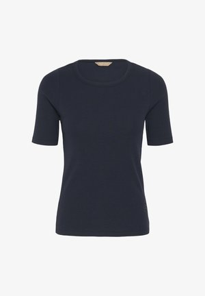 T-shirt à manches courtes en maille côtelée bleu marine avec encolure ronde, silhouette ajustée et détail de logo subtil près de l'ourlet.