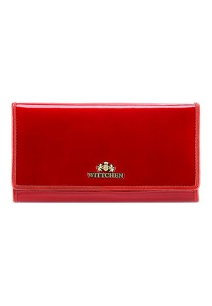 Red patent leather wallet with a smooth finish, gold hardware logo, and a fold-over design. Compact, rectangular shape.