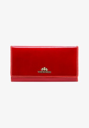 Red patent leather wallet with a smooth finish, gold hardware logo, and a fold-over design. Compact, rectangular shape.