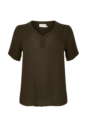 Bluză scurtă cu mânecă, verde închis, cu decolteu în V și detalii subtile pliate, realizată dintr-un material ușor și neted. Croială lejeră cu margine rotunjită.