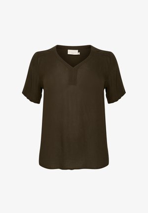 Bluză scurtă cu mânecă, verde închis, cu decolteu în V și detalii subtile pliate, realizată dintr-un material ușor și neted. Croială lejeră cu margine rotunjită.