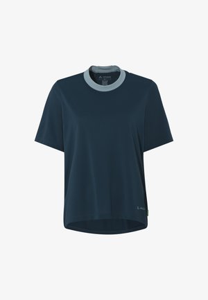 Marineblaue T-Shirt aus einem weichen, atmungsaktiven Stoff. Verfügt über einen kontrastierenden hellblauen Rundhalsausschnitt und kurze Ärmel. Gerader Saum am unteren Ende.