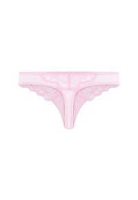 Rosa Spitzenstring mit transparentem Vorderteil, gezackten Kanten und einem glatten Bund. Verfügt über kunstvolle Blumenmuster an den Seiten.