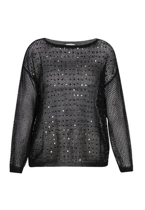 Fekete hálós pulóver, laza kialakítással, hosszú ujjakkal és fényes flitterekkel, texturált és nyitott kötött megjelenést biztosít.