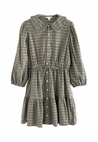 Robe à carreaux verts et beiges avec col, boutonnage à l'avant, taille élastique et manches bouffantes. Se distingue par un ourlet à volants et un tissu texturé.