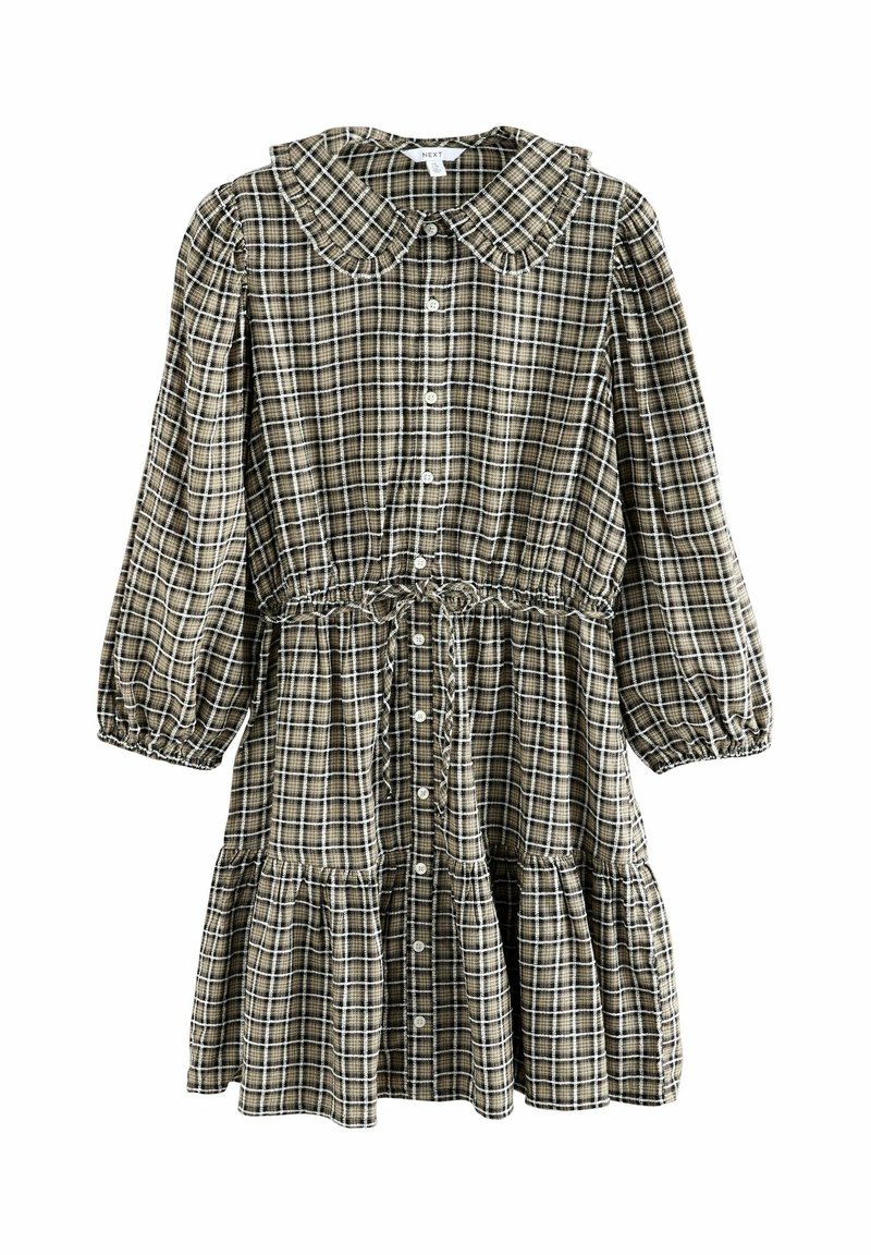 Robe à carreaux verts et beiges avec col, boutonnage à l'avant, taille élastique et manches bouffantes. Se distingue par un ourlet à volants et un tissu texturé.