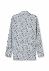 Langärmliges Hemd mit einem blauen, weißen und braunen Blumenmuster. Leichter Stoff, klassischer Kragen und gerade Säume.