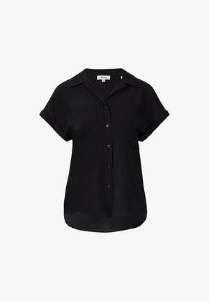 Zwarte kortemouwenshirt met een kraag, voorzien van een knoopsluiting aan de voorkant, twee borstzakken en een licht gebogen zoom. Gemaakt van textuurstof.