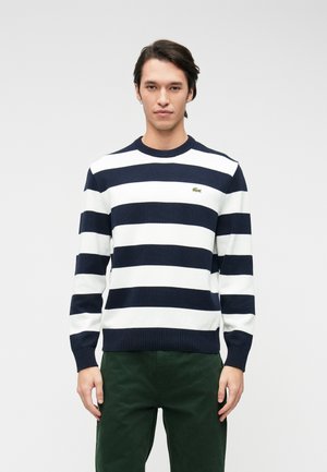 Blå og hvid stribet striktrøje med rund halsudskæring og ribkantede ærmer, med et lille Lacoste-logo på brystet.