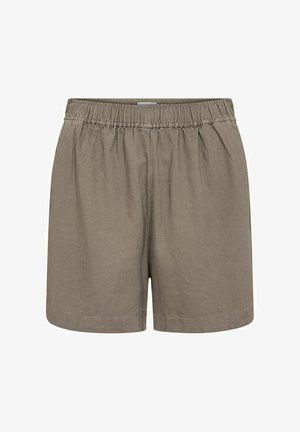 Kerged madala profiiliga taupe värvi lühikesed püksid elastse vöökohaga. Omavad mugavat istuvust ja lihtsat, kaunistamata disaini. Taskud pole nähtavad.