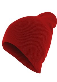 Red knit beanie hat with a tapered top and rolled hem. Features a smooth texture and even ribbing throughout the fabric.