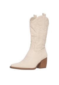 Botas de vaquero blancas con punta afilada, costuras al estilo western y tacón apilado. Textura de cuero suave con tiradores para facilitar el uso.