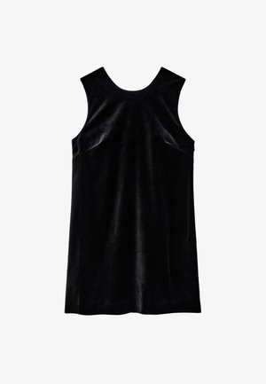 Schwarzes, ärmelloses Kleid aus glattem Samt, mit rundem Ausschnitt und klassischer Silhouette mit geradem Saum.