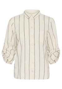 Chemise boutonnée de couleur crème avec des rayures grises verticales et manches longues retroussées, dotée d'une petite poche poitrine et d'un col classique.