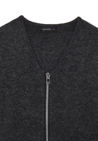 Cardigan grigio in lana con zip, dotato di scollatura a V e zip argentata. Texture morbida con un design minimale. Etichetta che riporta "CALLIOPE" taglia S.