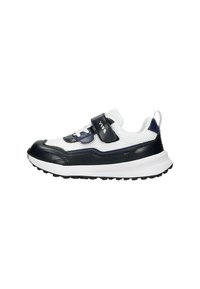 Buty sportowe z siateczkową cholewką w kolorze białym, skórzanymi akcentami w granatowym oraz białą podeszwą. Zawierają rzep i teksturowaną podeszwę.