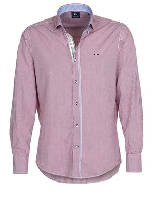Chemise pour hommes à manches longues avec petits carreaux rouges et blancs, col intérieur bleu clair et petit logo brodé sur la poitrine.
