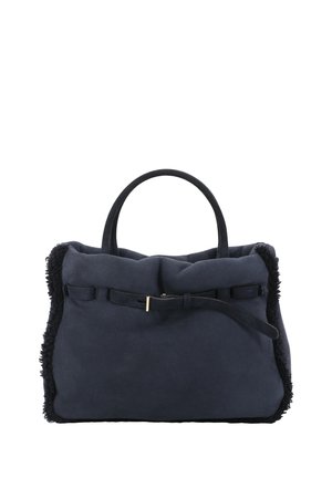 Dark blue suede handbag with black handles, black fur trim on edges, and a thin belt detail across the front.